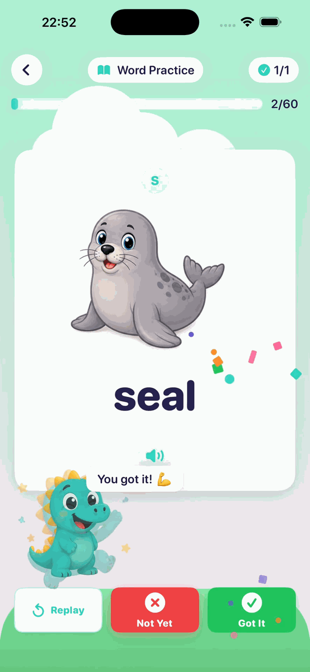 Articulation Lab word practice screen celebrating a correct answer with confetti