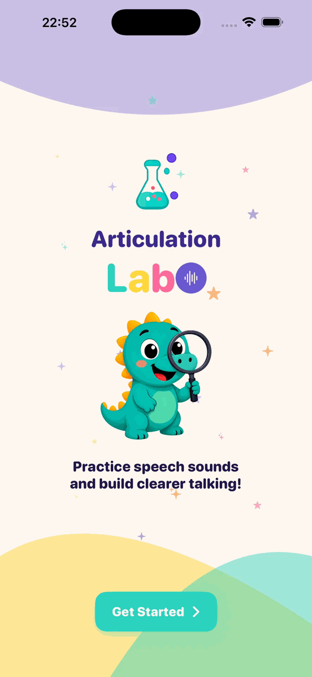 Articulation Lab welcome screen showing the app's dinosaur mascot and Get Started button
