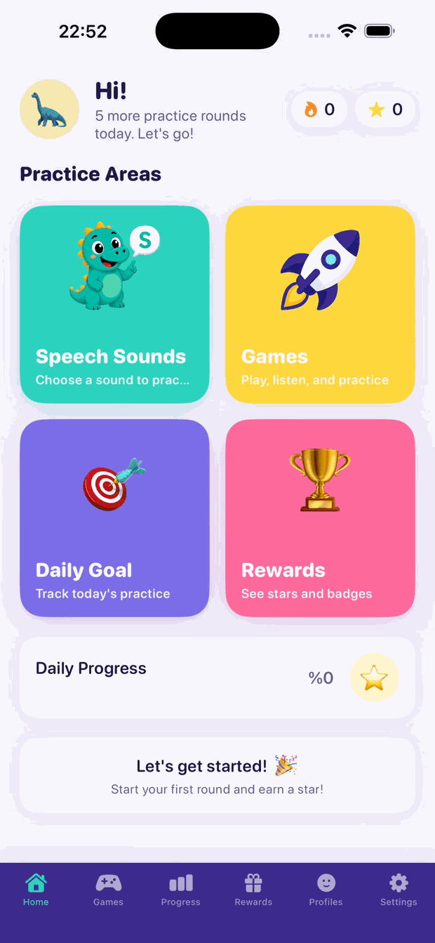 Articulation Lab home screen with practice areas for speech sounds, games, daily goals, and rewards